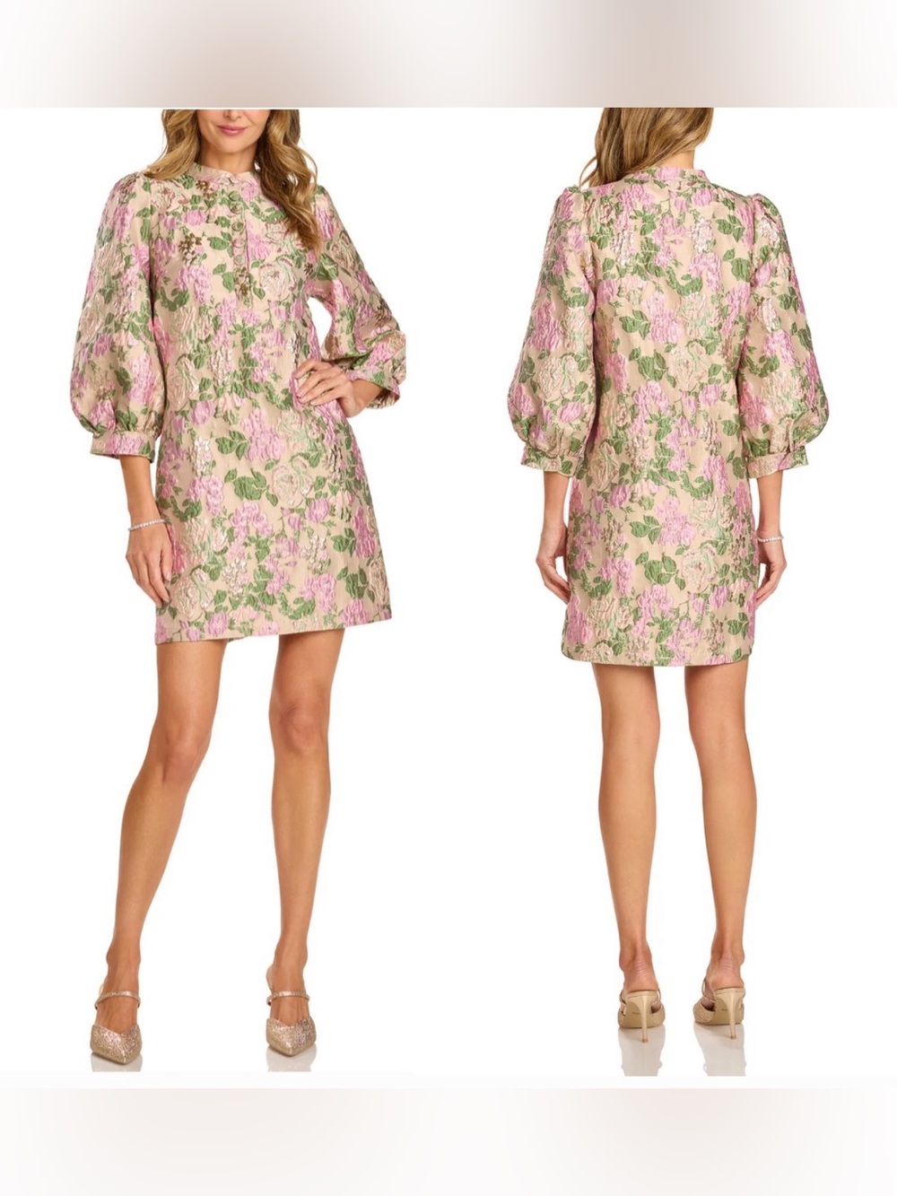 Trish Scully Stella Pink Floral Metallic Jacquard Mini Dress (Size: S)